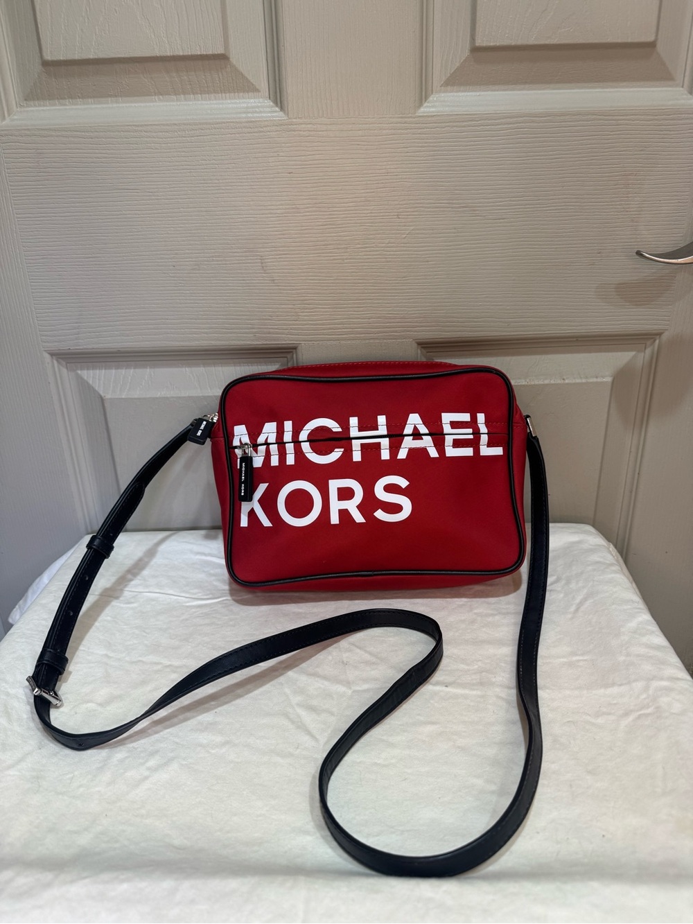 Michael Kors Sport Red Nylon Crossbody Camera Bag White Block Logo Purse